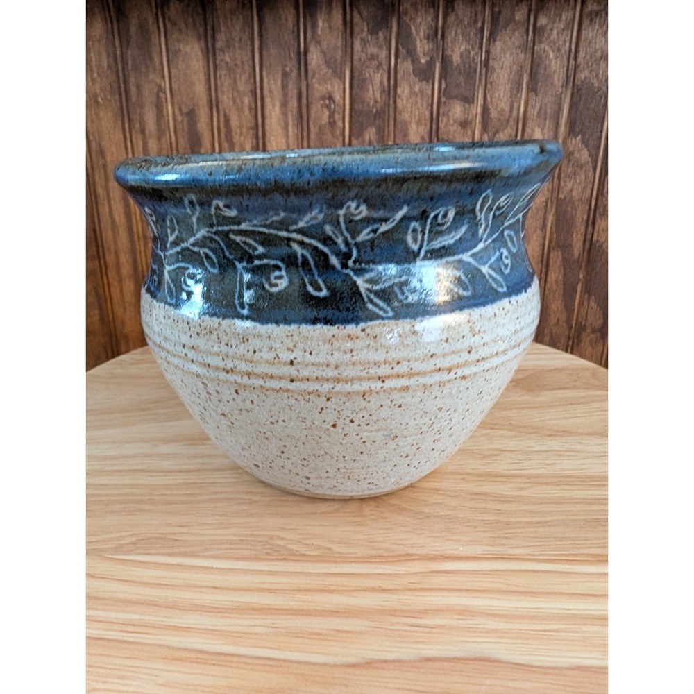 Studio Art Pottery Artist Signed Newell 1985 Blue With Vine & Leaf Design